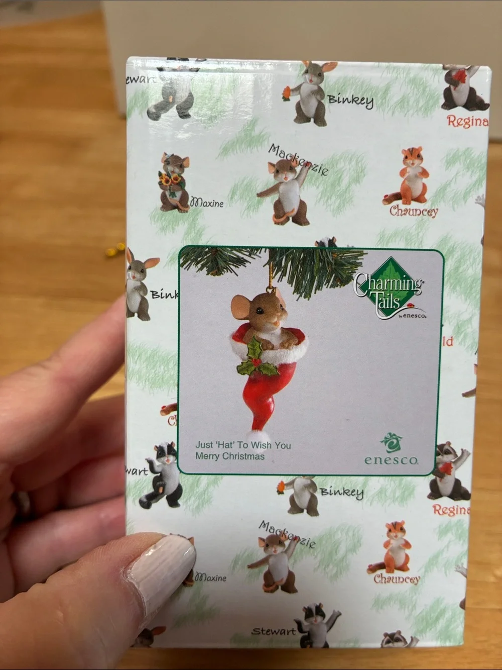 Enesco Brown Mouse in Red Stocking Ornament with White Trim and Green Holly